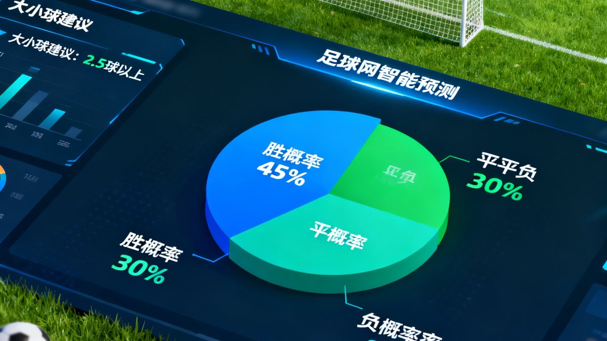 足球网智能预测界面，展示胜平负概率饼图以及大小球建议，背景是足球场